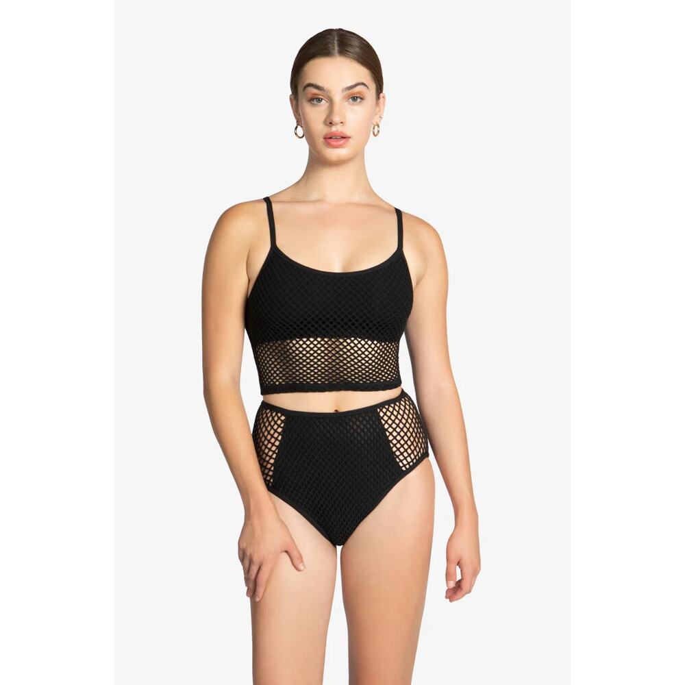 Refuge Black Crochet Bikini Set Size Small Mesh Cami Top & High Waist Bottom